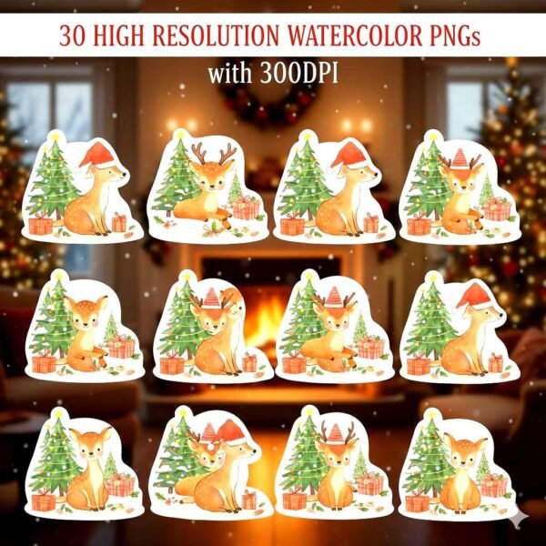 Woodland Christmas Animals Watercolor Clipart Bundle | Holiday PNG Set