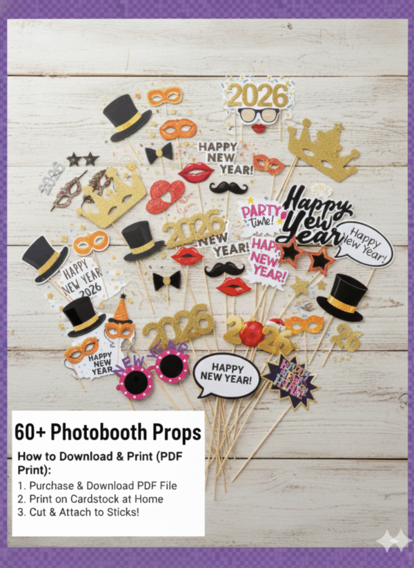 Printable New Year Photobooth Props Bundle | Instant Download PDF Print